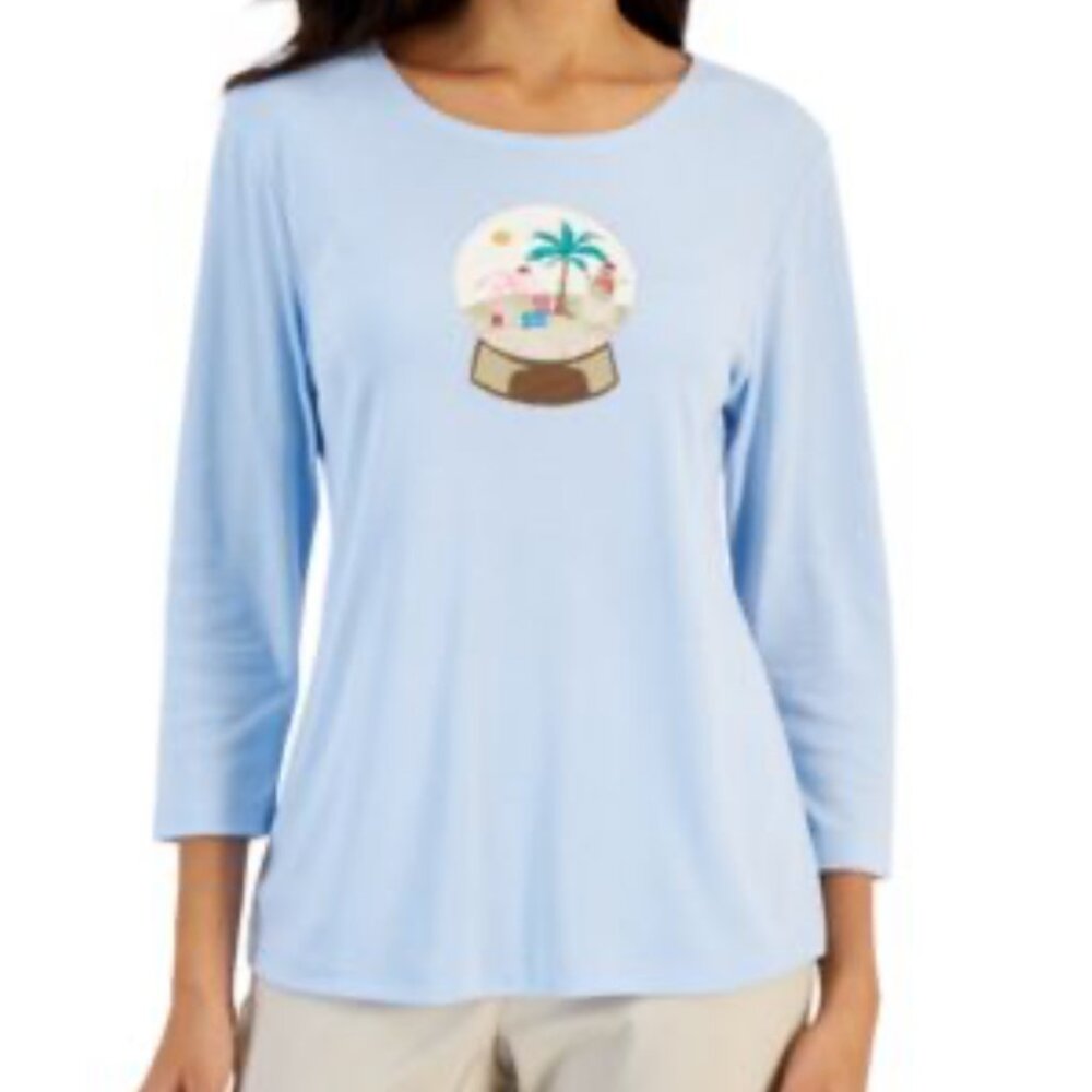 NEW Karen Scott Holiday Top Shirt Blue Snow Globe Christmas Petite Medium $36.50